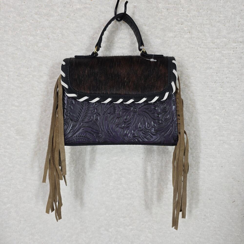 Chic Purple Faux Leather & Cowhide Western Crossbody Fringe Handbag